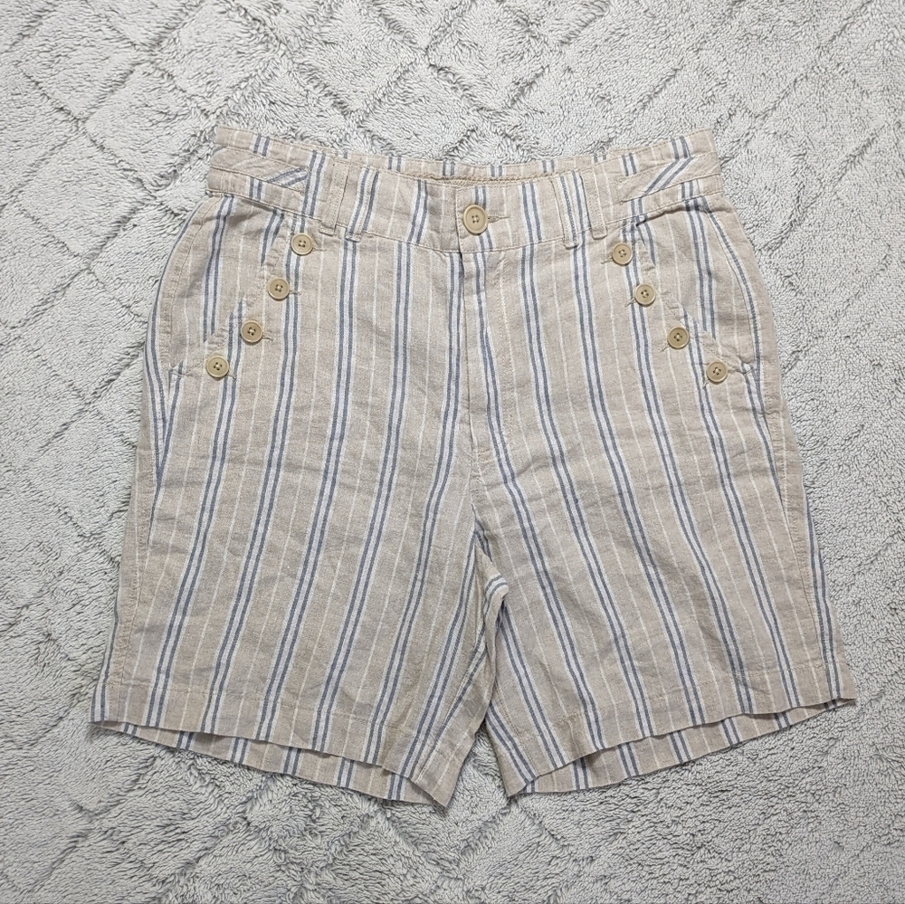 Sundance Shorts Women's 10 Tan Stripe Linen Wilde Bermuda Beach Button Detail